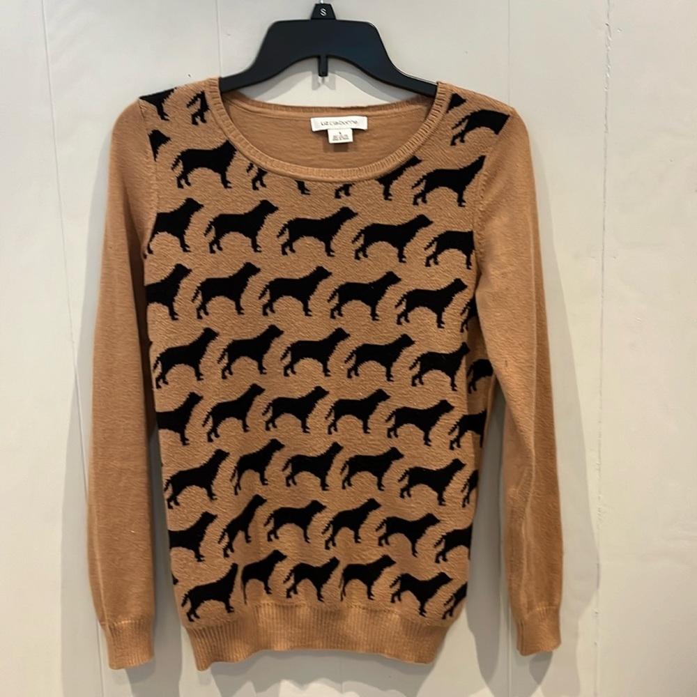 Liz Claiborne scoop sweater.  Tan with black (labs?) on front. Solid tan back.